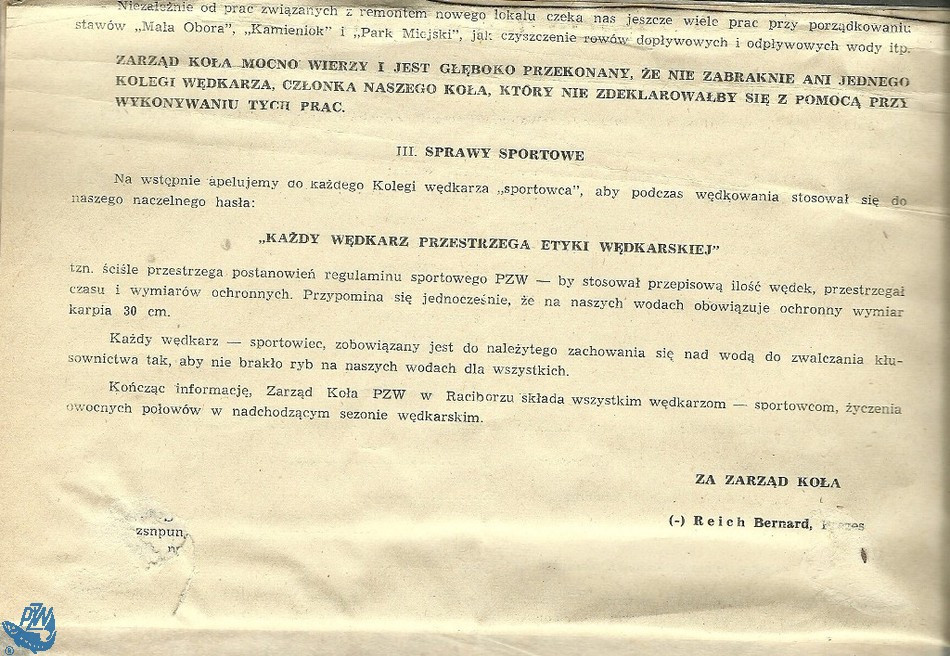 Komunikat nowo wybranego Zarządu Koła PZW Racibórz na Walnym Zebraniu członków Koła w dniu 19 grudnia 1965 r. w sprawie zadań na 1966 r., strona 2. br /iautor: Archiwum Koła PZW Nr 45 Racibórz-Miasto/i