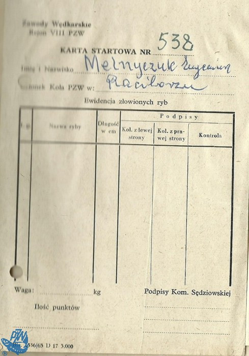 Karta startowa Zawodów Wędkarskich Rejonu VIII PZWbr /iautor: Archiwum Koła PZW Nr 45 Racibórz-Miasto/i