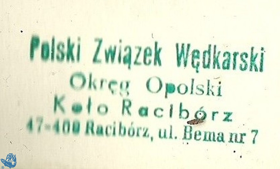 Pieczęć nagłówkowa Koła PZW Racibórz z siedzibą przy ul. Bema nr 7br /iautor: Archiwum Koła PZW Nr 45 Racibórz-Miasto/i