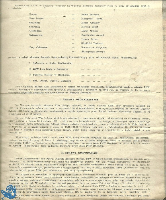 Komunikat nowo wybranego Zarządu Koła PZW Racibórz na Walnym Zebraniu członków Koła w dniu 19 grudnia 19665 r. w sprawie zadań na 1966 r., strona 1. br /iautor: Archiwum Koła PZW Nr 45 Racibórz-Miasto/i